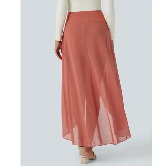 Halara High Waisted High Low Ruffle Pocket Flare Mesh Casual Regular Maxi Skirt - Picture 2 of 6